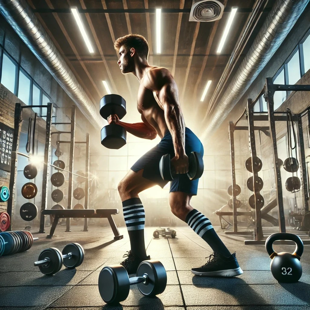 Person lifting a dumbbell in a modern gym while following a beginner strength training plan