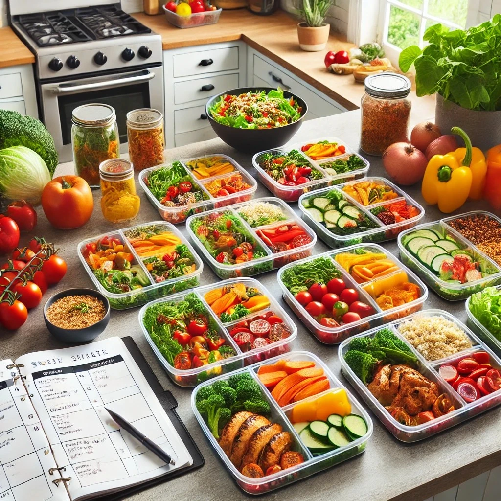 Colourful healthy meals arranged in containers for beginner meal planning and batch cooking