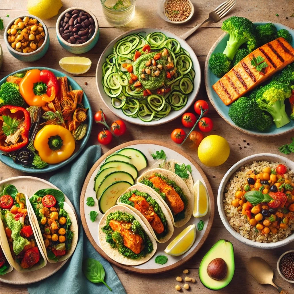 Five colourful gluten-free meals arranged on a wooden table with vegetables, grains and healthy ingredients