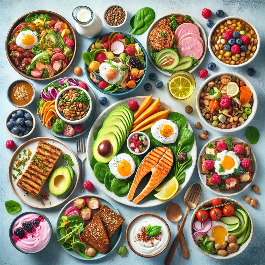 Colourful seven-day healthy meal plan with balanced breakfasts, lunches and dinners