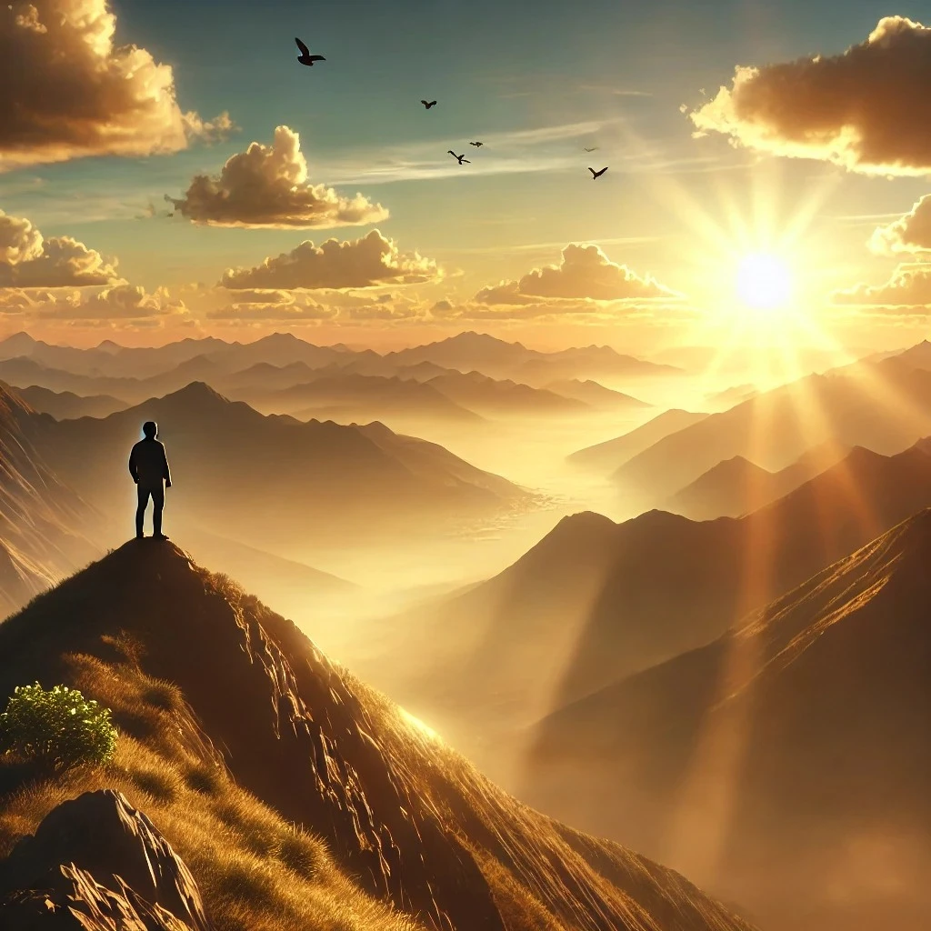 Person reflecting on personal growth in a mountain landscape