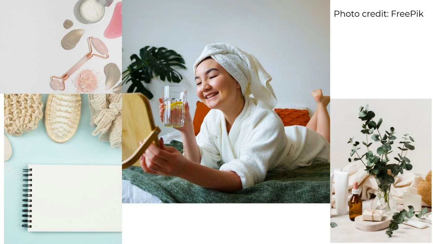 Self-care and personal wellness collage with a relaxed woman, journal and wellbeing essentials