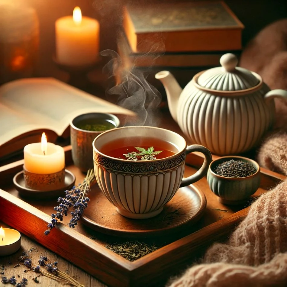 Cosy evening tea ritual with a steaming cup of herbal tea, soft candlelight and a wooden tray