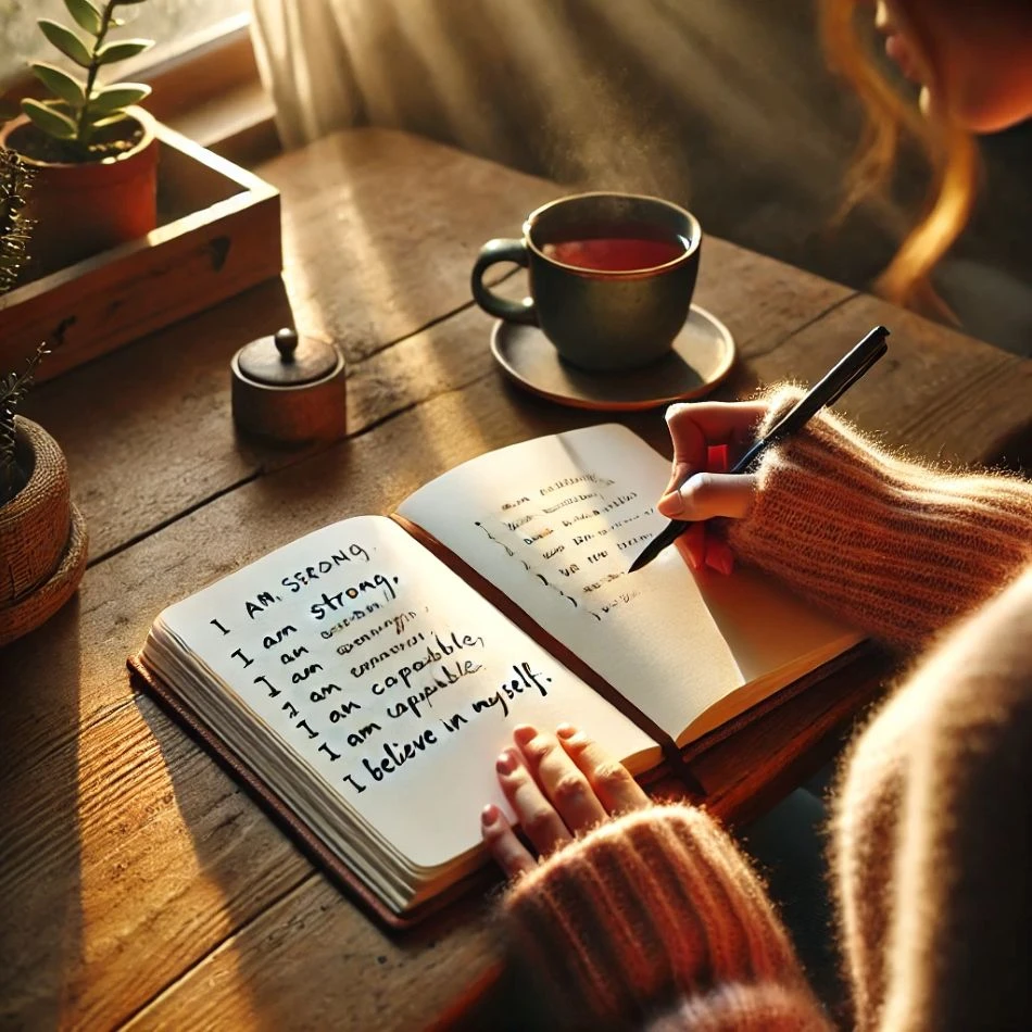 Person journalling positive affirmations at a cosy wooden desk