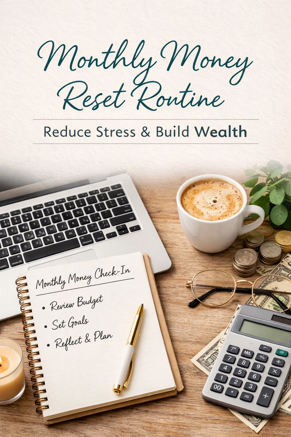 Budgeting notebook, calculator, coffee and laptop arranged for a monthly money reset
