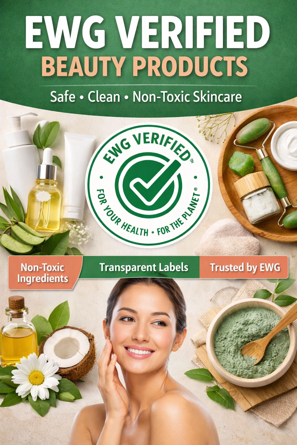 Clean skincare and beauty products displayed with green leaves
