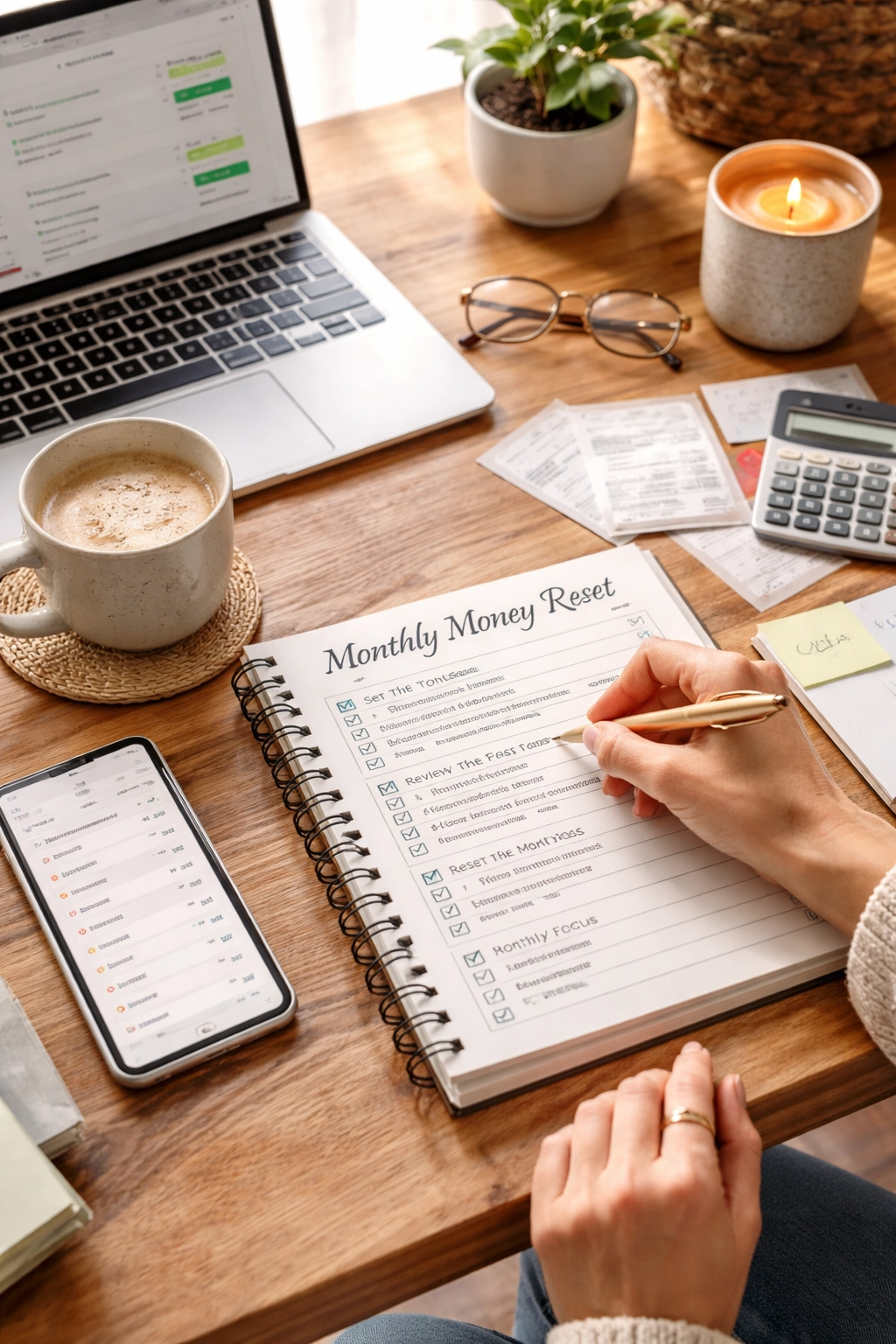 Woman completing a monthly money reset checklist at a desk