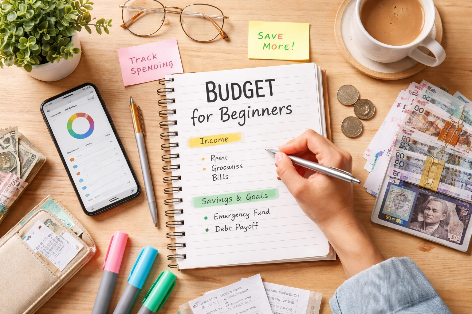 Beginner monthly budget planner with calculator and cash