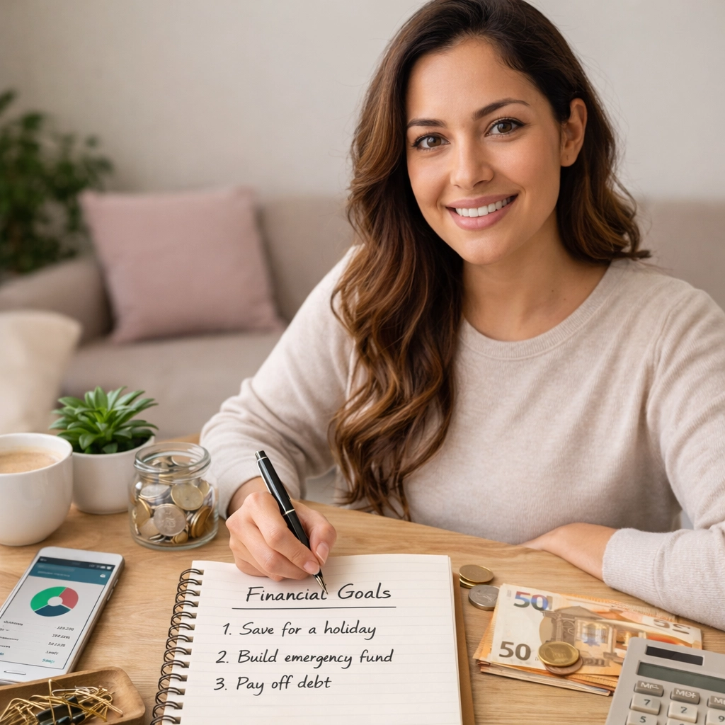 Woman reviewing financial goals with a budget planner, coins and calculator