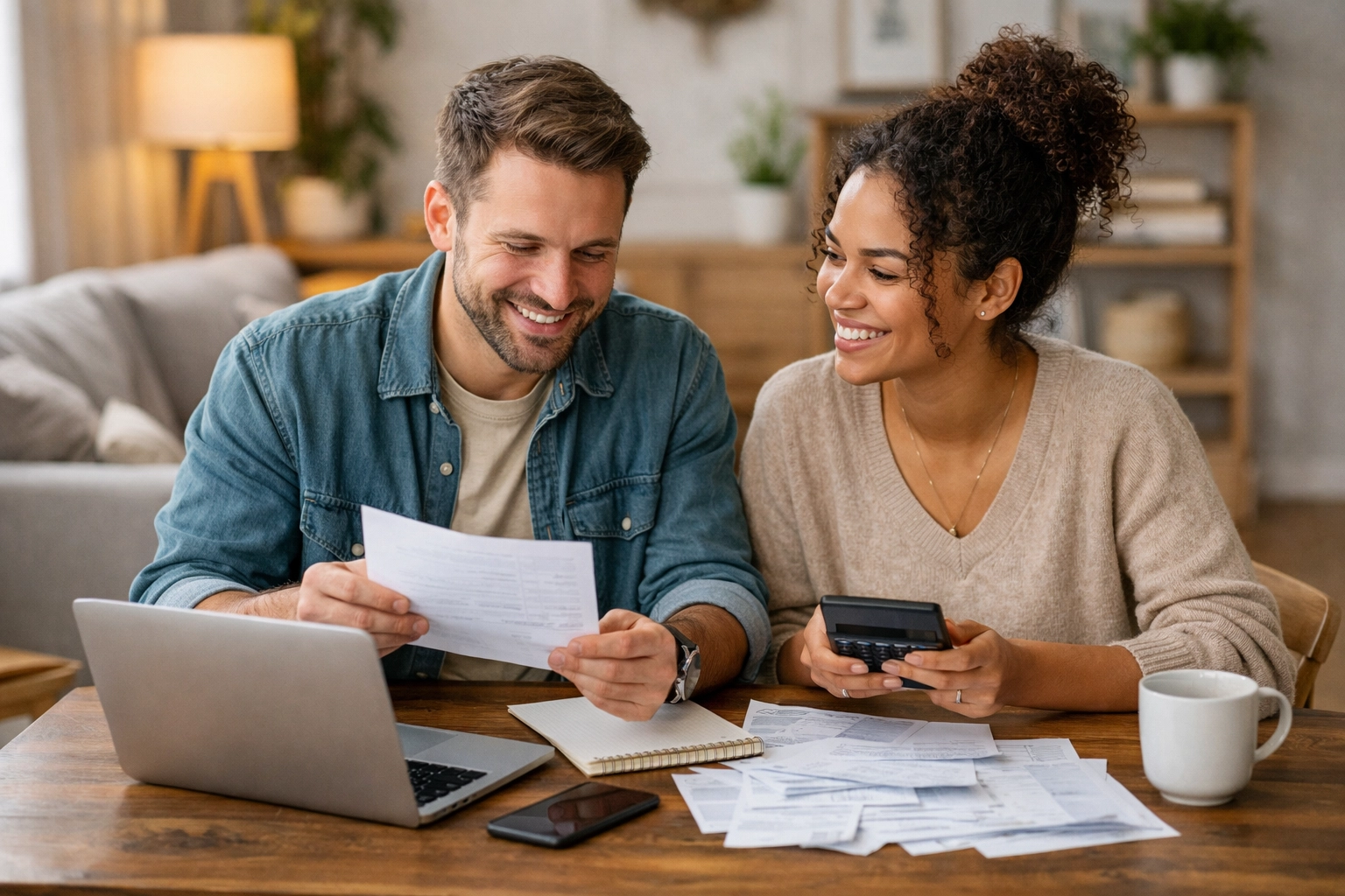 Couple reviewing household bills and creating a plan to pay off debt faster