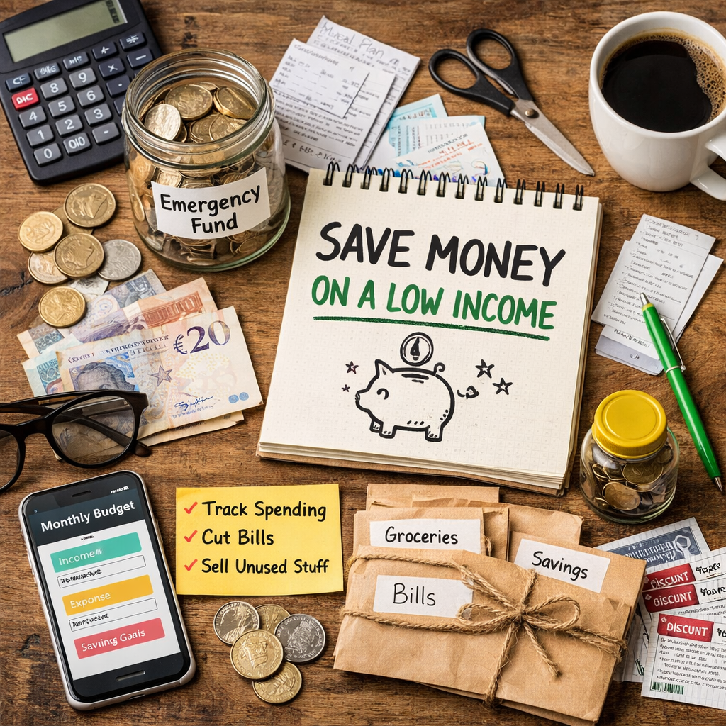 Budgeting setup on a wooden table with a notebook reading “Save Money on a Low Income,” surrounded by cash, coins, a calculator, envelopes for bills and savings, receipts, and a smartphone showing a budget app.