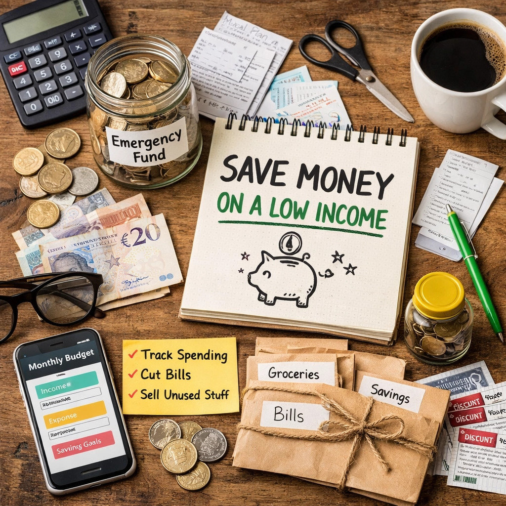 Notebook, calculator, cash and saving envelopes arranged for a simple low-income budget