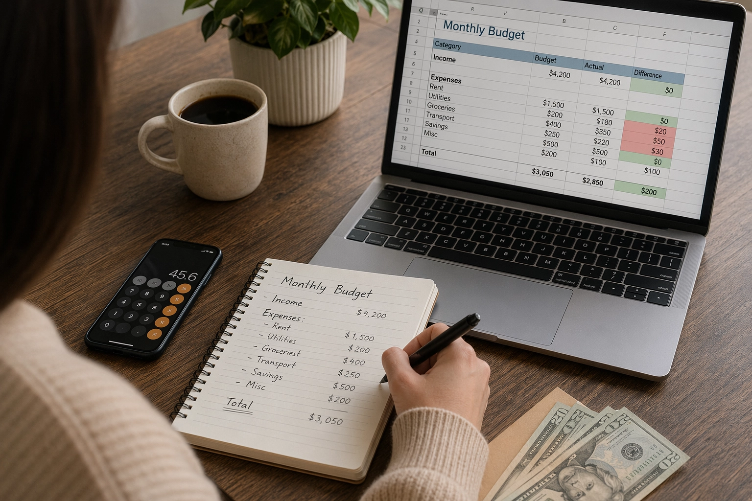 Woman reviewing a household budget to manage her money better