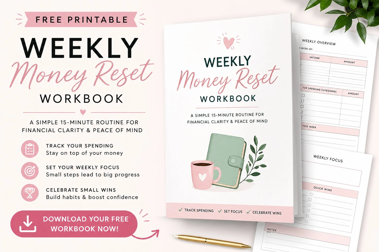 Weekly Money Reset Workbook preview with pages for reviewing spending, bills, savings and financial goals