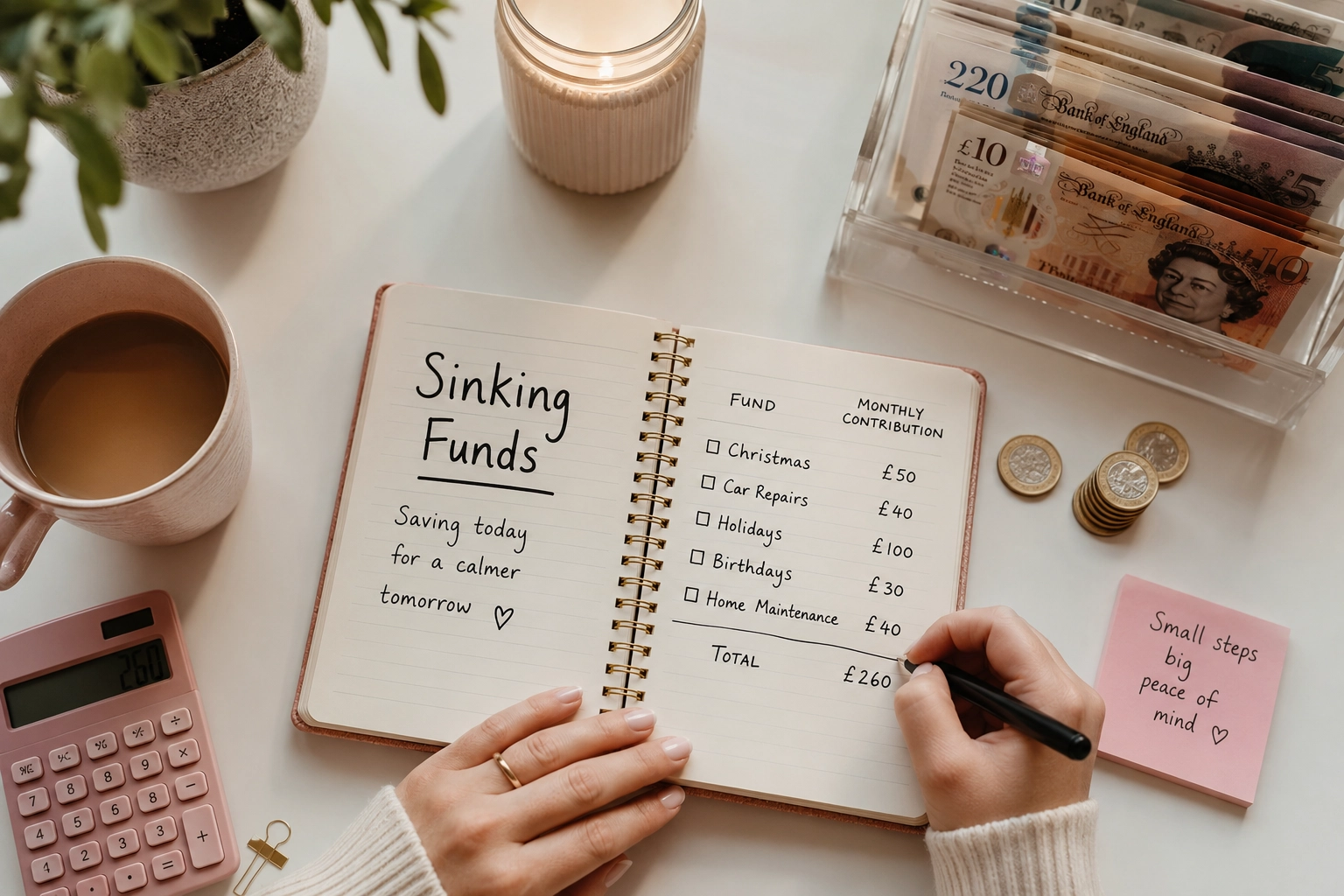 Notebook, calculator and labelled sinking-fund categories for household budget planning