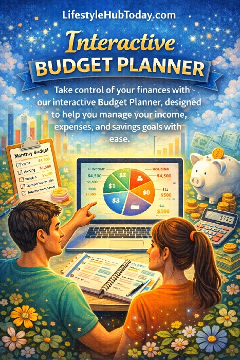 Interactive monthly budget planner for organising income, expenses, savings and debt payments