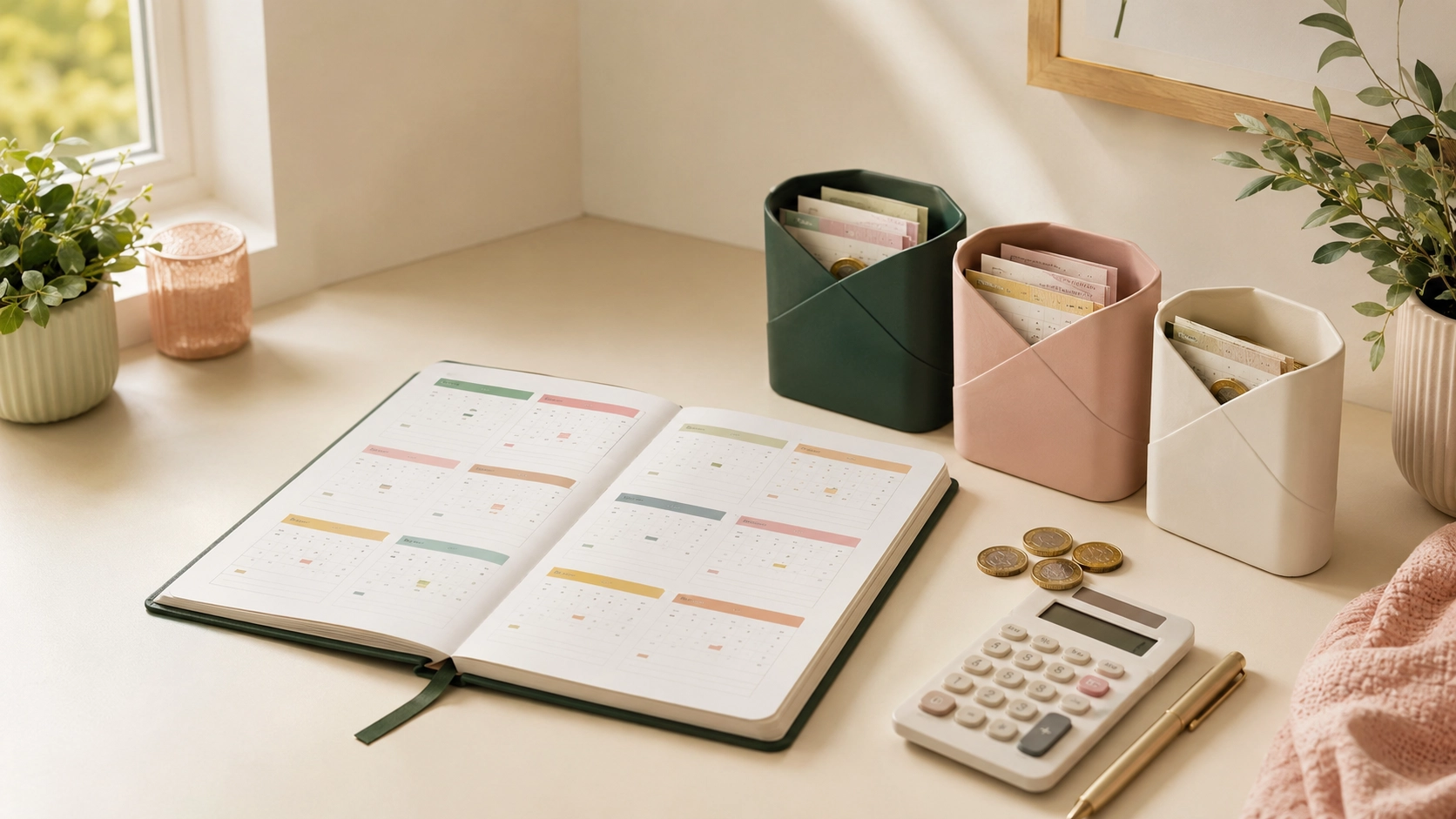 Annual budget planner with savings pots, calculator and pound coins illustrating irregular expenses, sinking funds and a simple money routine.