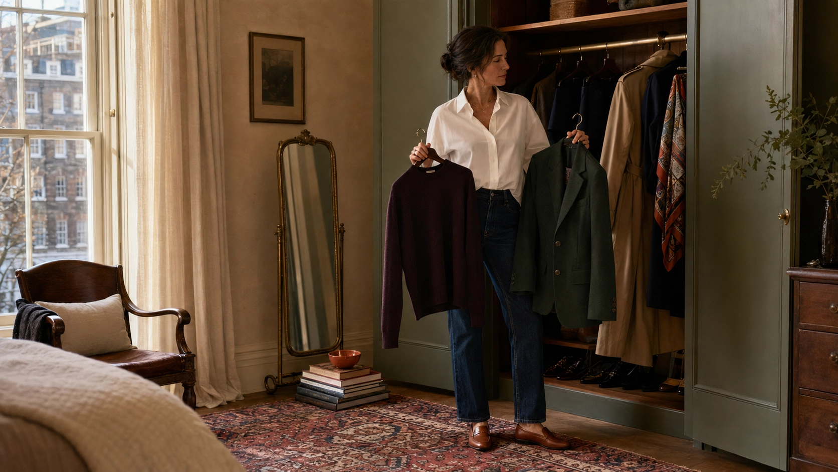 Woman choosing between timeless wardrobe pieces in a stylish sage-green dressing room