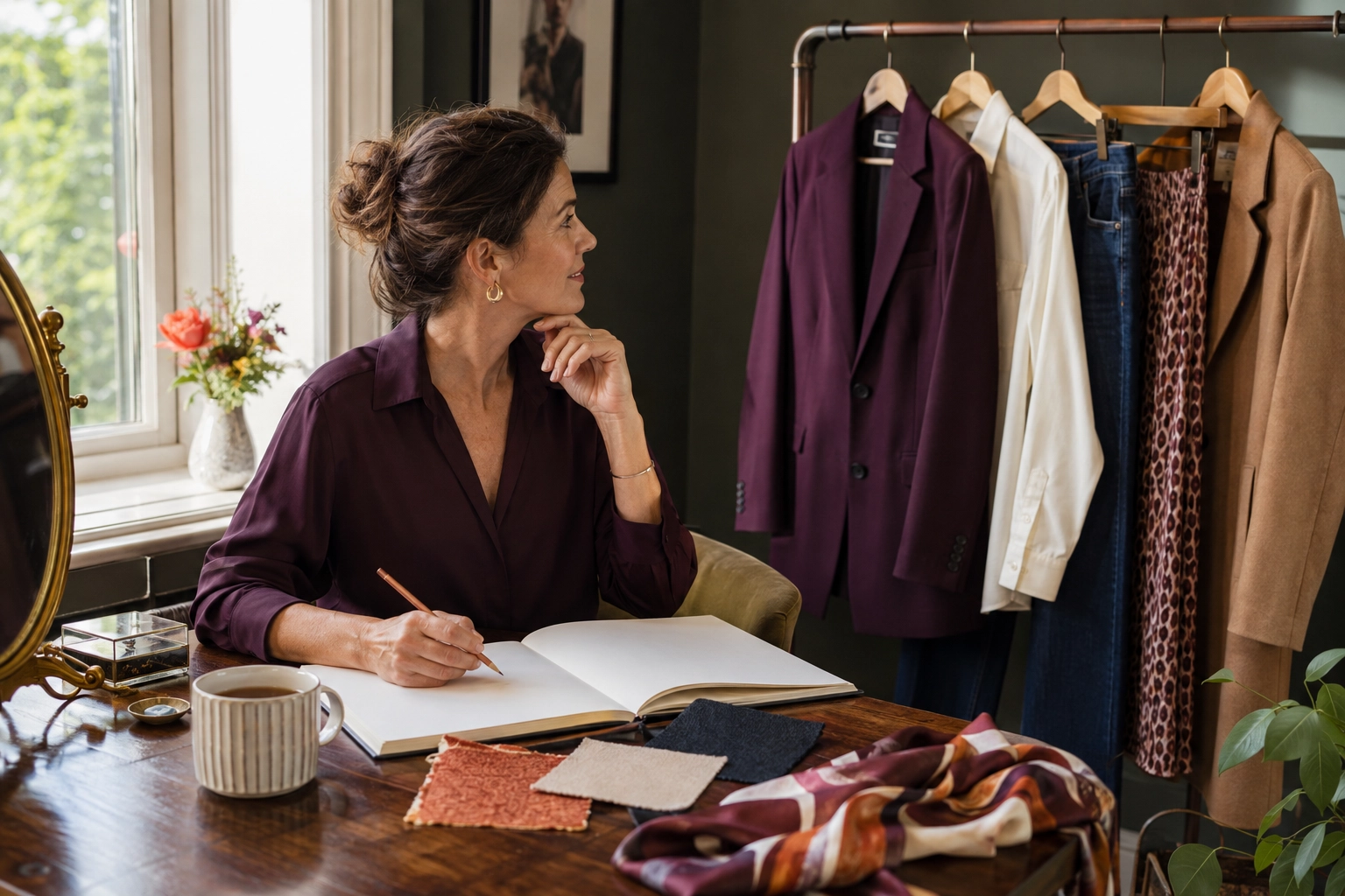 Woman planning versatile outfits beside a colourful capsule wardrobe and fabric samples