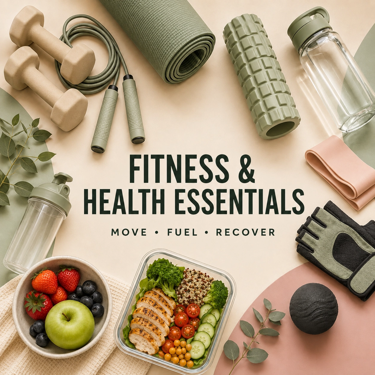 Fitness and health essentials including workout, yoga and recovery products