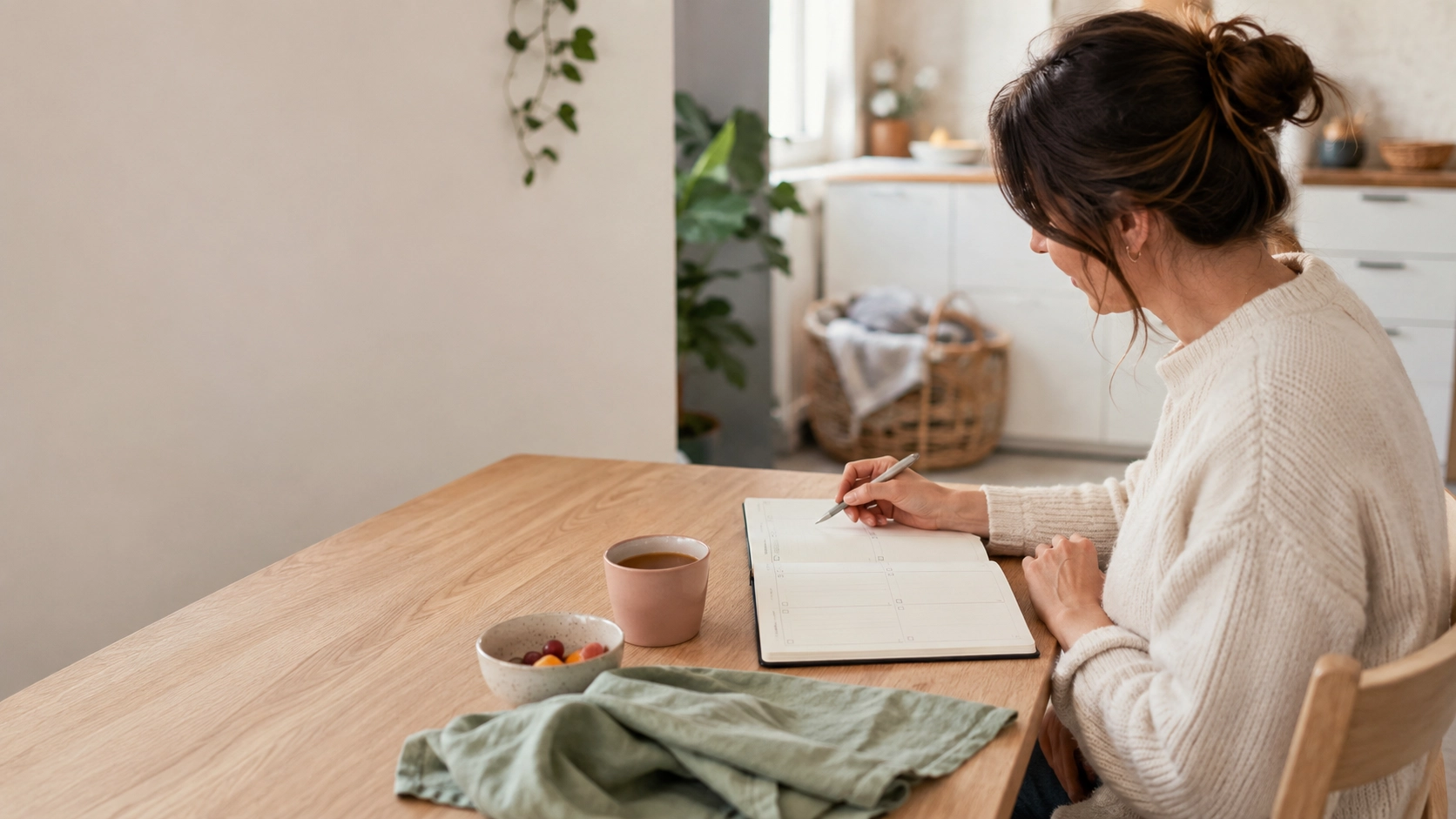 Woman planning a realistic Sunday reset routine at a kitchen table