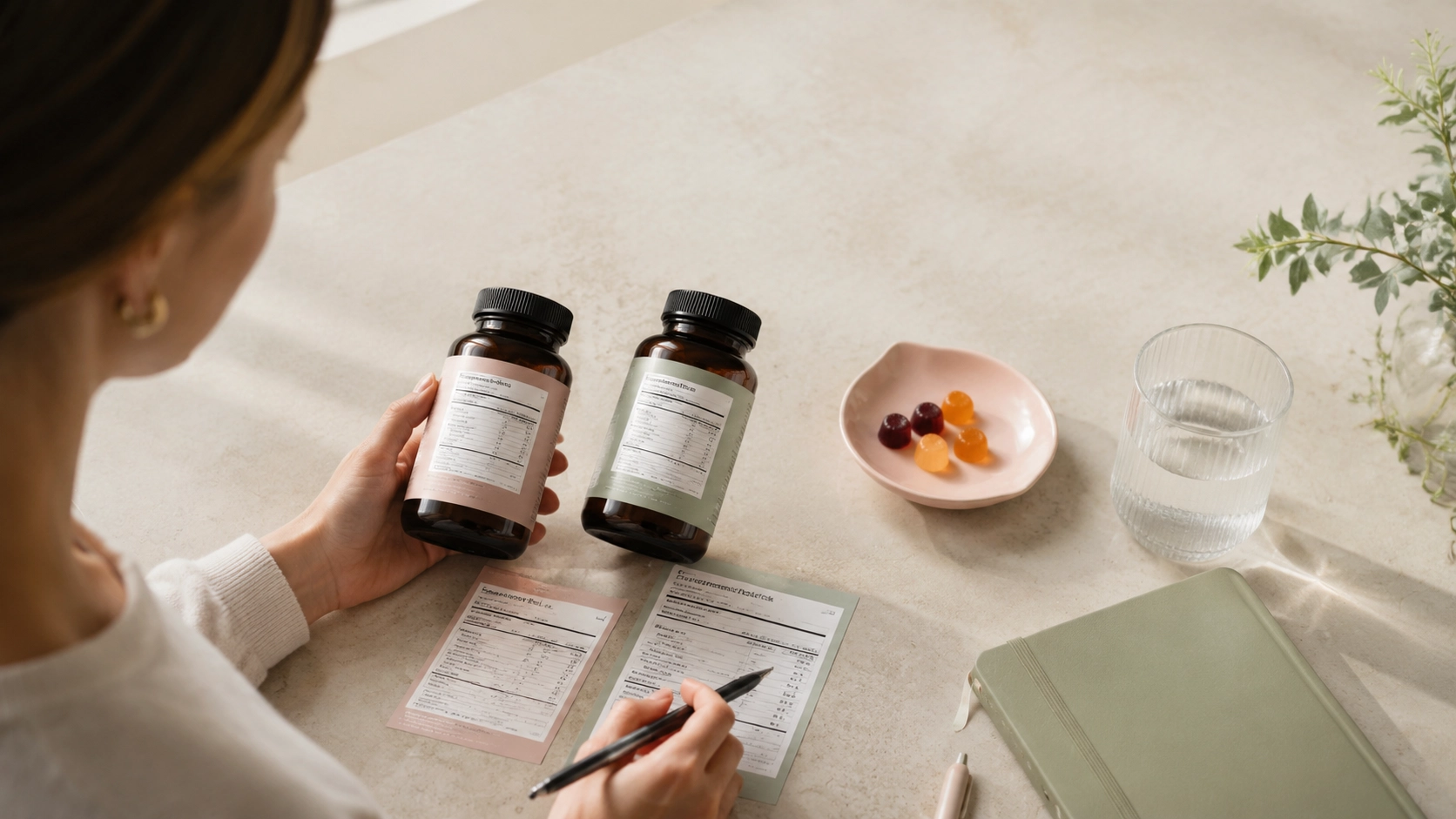 Woman comparing multivitamin and Hair, Skin and Nails gummy supplement labels before combining them