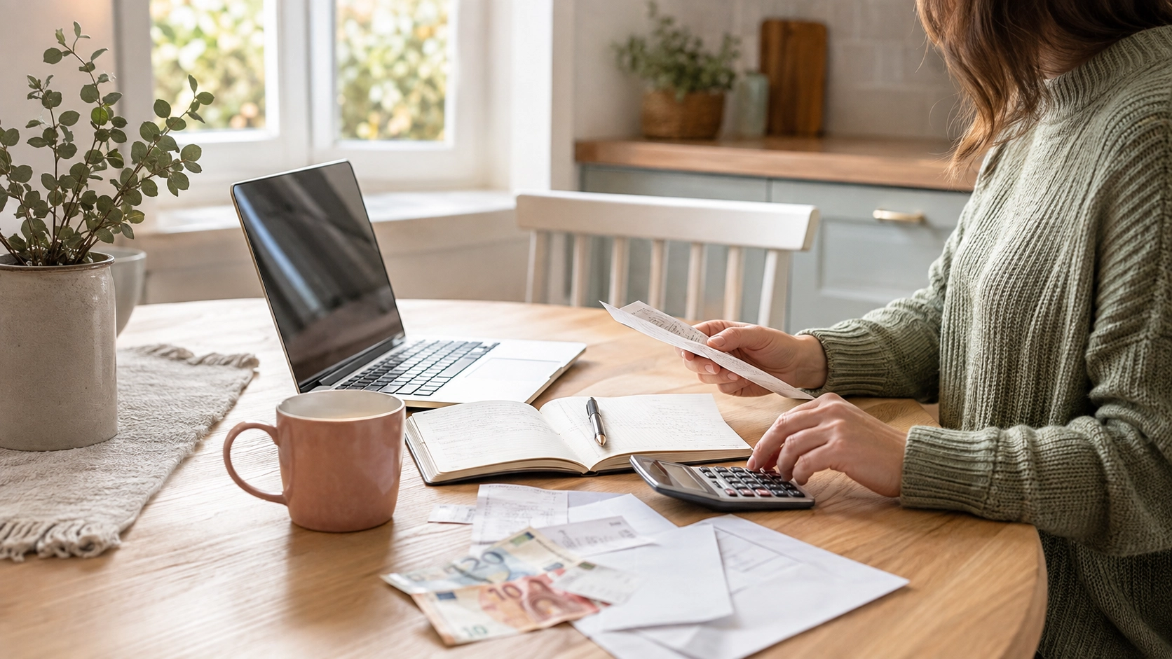 Woman reviewing household bills and using a calculator to plan a realistic budget in Ireland