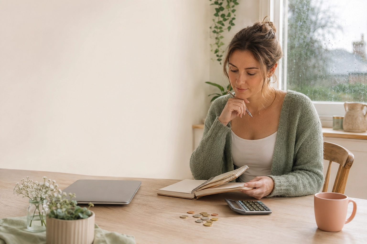 Woman calmly reviewing her money habits with a notebook and calculator