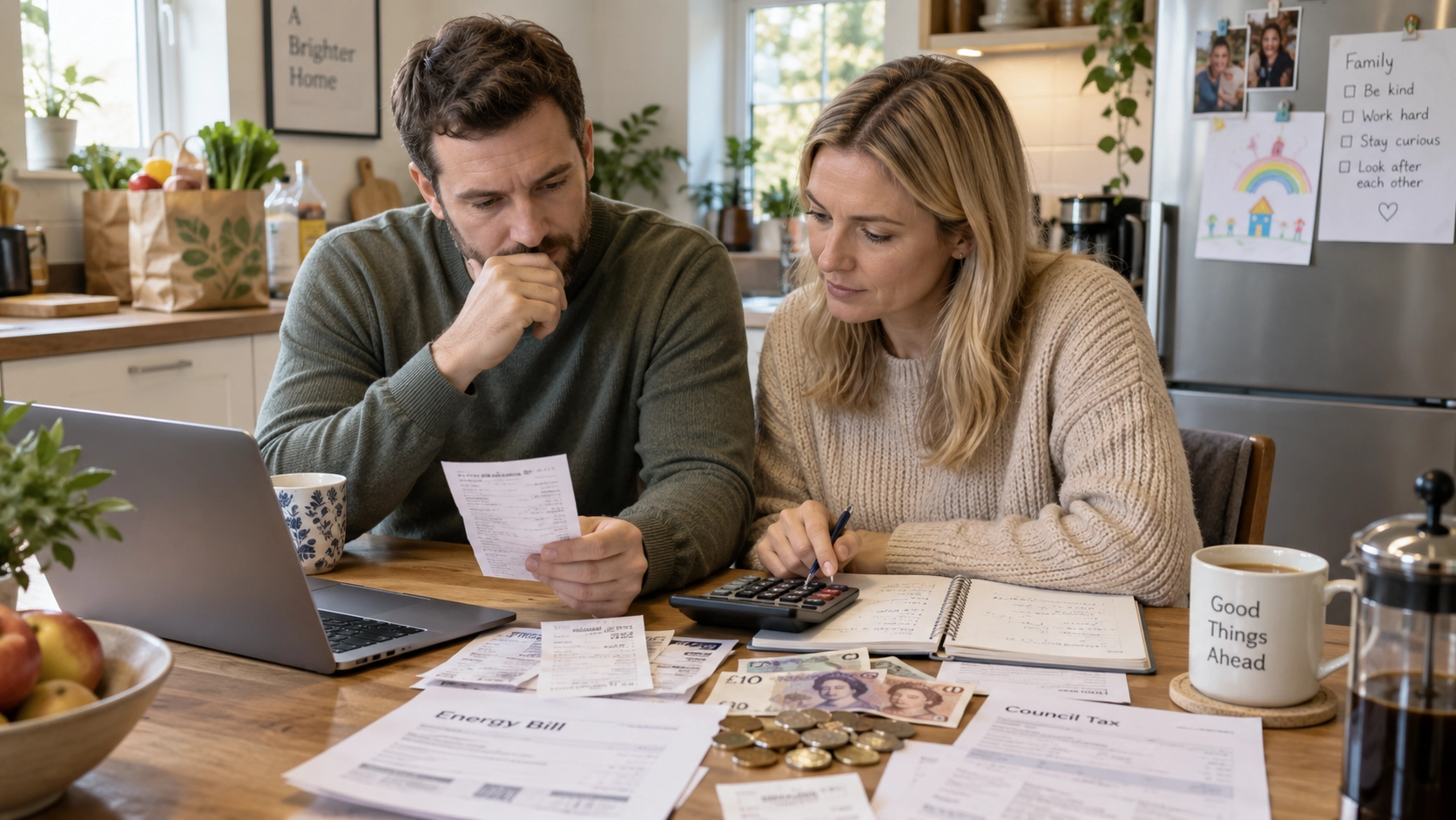 Family reviewing a realistic UK household budget and cost of living expenses for 2026