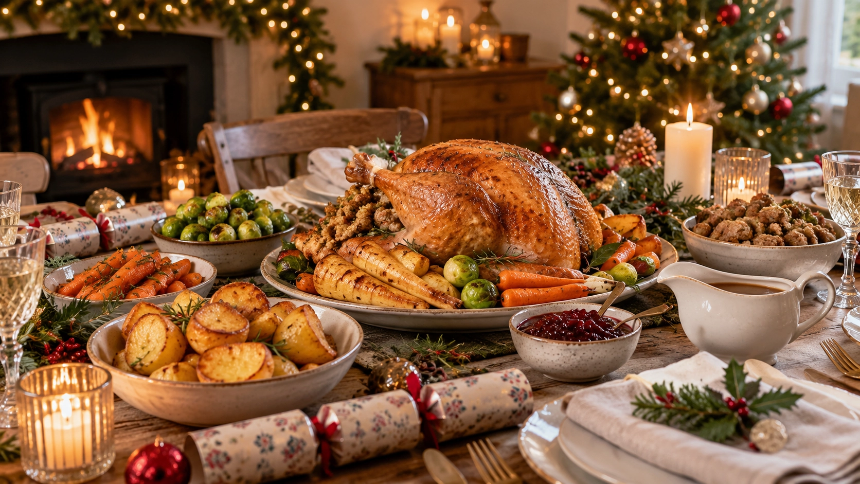Christmas dinner with roast turkey, roast potatoes, vegetables, stuffing and gravy on a festive table