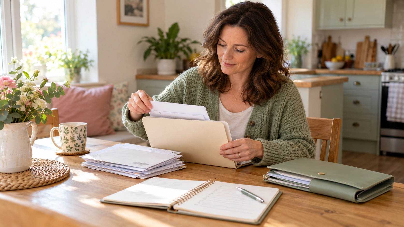 Woman organising household paperwork at a kitchen table with a notebook and document folders
